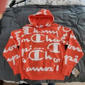 Champion hooded sweatshirt, L, coral with white screenprint.